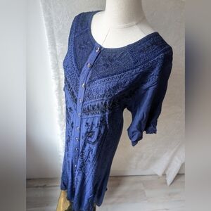 Vtg Royal Blue Embroidered Short Sleeve Rayon Button Down Midi Maxi Dress